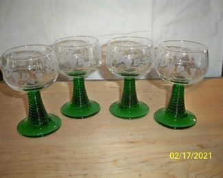Vintage set of 4 Etched glass green base goblets