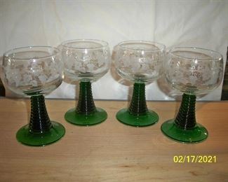 Vintage Set of 4 Etched glass Green base Goblets, slightly larger than the 4 pictured before it.