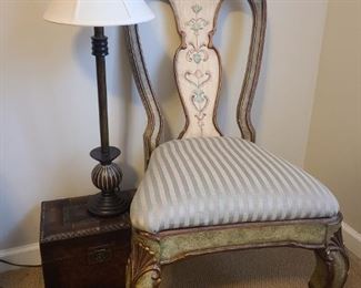 Beautiful Pulaski chair in a green distressed finish measures 20" x 19" x 40". Lamp stands 34" with shade topper and does light up. Small storage box made in china has cushion top.

https://ctbids.com/#!/description/share/768218