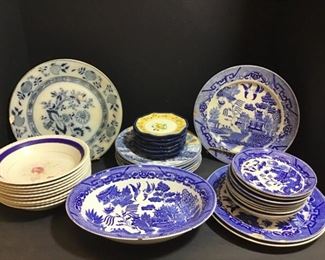 Assorted blue, white and yellow dishes. Blue and white floral are Old English by Johnson Bros. England. https://ctbids.com/#!/description/share/768260
