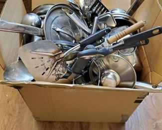 Large box full of kitchen cookware and utensils. https://ctbids.com/#!/description/share/768270
