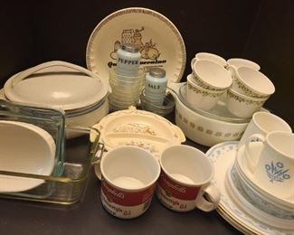 Pfaltzgraff warming plate measures 9" x 9" x 2". Two Campbell's soup 1989 cups. Four cups, three bowls, six tea plates and seven dinner plates. All with blue flower print by CorningWare.

https://ctbids.com/#!/description/share/768281