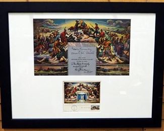 Harry Truman And Thomas Hart Benton Signed Truman Library Mural Foldout, First Date Of Issue Stamp Signed By Artist And Post Card, Framed