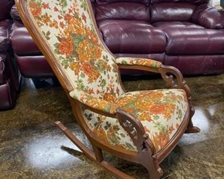 Antique Wooden Floral Upholstered Rocker