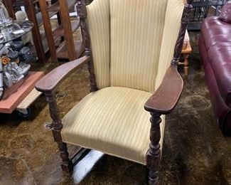 Antique Neutral Striped Upholstered Mahogany "Paddle" Arm Chair with Carved Legs