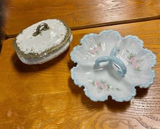 c.1884-1889, Glasgow Pottery Co. (Trenton, NJ), Signed: "TRILBY, J. M. & S. CO." Small 5" Jar/Trinket Box/Condiment Dish with Lid; and a Signed: "c.1972 Merle Wiggins," Hand Painted Relish Tray/Candy Dish