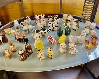 Collection of Salt & Pepper Shakers; including a set of  "Big Green Egg" Shakers, several Rooster/Hen sets, Cows, Bears, Cats, Wooden MCM Shakers, Hog/Motorcycle, and more...