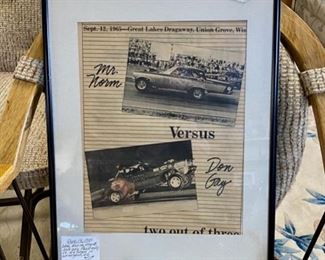 c.1965, Drag Racing Legend DON GAY vs MR. NORM in Union Grove, WI, framed (crack in corner of glass). Measures 14.5" x 18.5"
