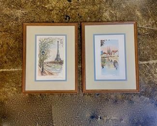 Two Vintage Watercolors, French Village and the Eiffel Tower, both are Signed, Matted & Framed and measure  10.5" x 13.75", 
