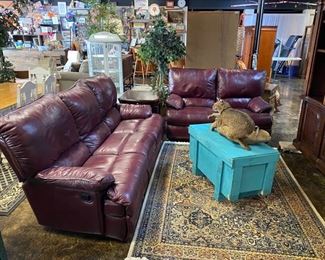 Burgundy Leather Reclining Sofa and Loveseat