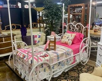 Twin Size, White, Metal, High Post, Princess Bed with Wheels on both sides (includes pink twin sheet set)