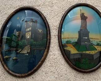 Antique Reverse Painted Convex Framed Art Statue of Liberty and the Danube