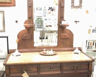 Carved Walnut Marble Top Dresser — PRISTINE!!