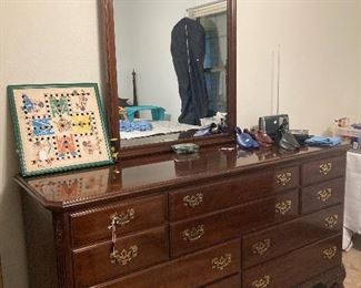 Ethan Allen Georgian Court Collection, includes lingerie chest, dresser with mirror, 4-post queen bed, and one nightstand.