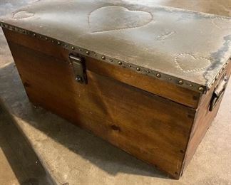 Custom made wooden chest with iron hardware and punched tin top with hearts. Measures 28" wide x 14" tall x  14" depth,  (30 years old) $40