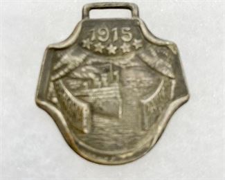  Watch fob from "World's Fair" 1915 in San Francisco, California. The Panama-Pacific International Exposition .
Measures 1 1/2" wide and 1 1/2" length. $24