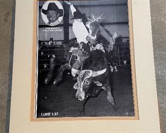 Framed rodeo photo of "Sam Minnick" PRCA Bullrider. Measures 15" x 17" $15