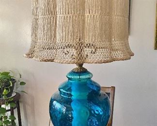 Mid Century Modern "Leviton" Lamp with shade. Beautiful blue glass with top and bottom lamp.$65