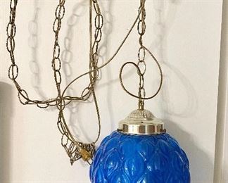Retro blue glass hanging swag light by "Leviton". Needs rewired. $30