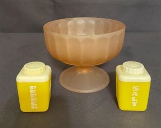 Mid Century  Yellow " Lustro Ware" plastic Salt & Pepper Shakers. Frosted peach bowl. $8