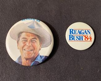 Ronald Reagan 1984 campaign pinback button, measures 2 1/4" round, Reagan/Bush 84 campaign pinback button measures 1 1/2" round. Both for $14