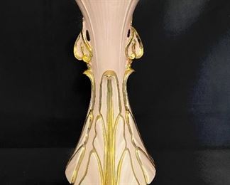 Mid Century pink + gold vase. Measures 12" tall. No chips or cracks. Felt on bottom of base. $15