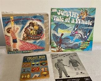 "1950's" children's items. LP's of That Doggie in the Window and Jonah's Tale of a Whale, project book and crochet book for children. $4