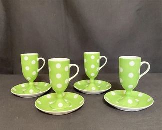 Vintage "Fritz and Floyd" Demitasse cups with set of 4 saucers, marked "FF". Green with white polka dots. No chips or cracks. (1970's-1980's) $34