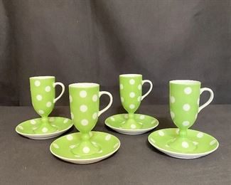 Vintage "Fritz and Floyd" Demitasse cups with  set of 4 saucers, marked "FF". Green with white polka dots. No chips or cracks. (1970's-1980's) $34