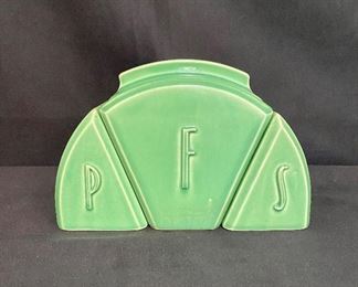 USA pottery green canister set. Fiesta style, flour, salt and pepper. Marked USA on bottom, No chips or cracks. Unusual set $30