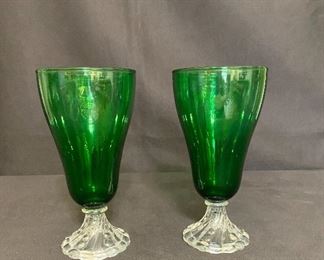 Mid Century, 1950's pair of goblets. Clear bubble foot with green depression glass. Measures 6 3/4" tall. No chips or cracks. $18