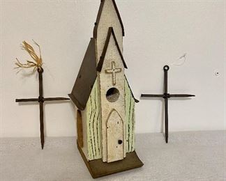 Wooden church decor and two metal crosses. $8