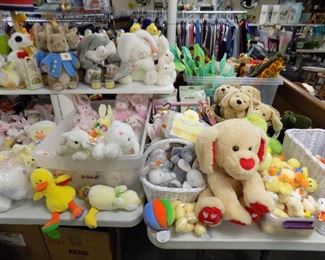 TABLES OF NEW PLUSH ANIMALS!! EASTER BUNNIES, DUCKS, DOGS, BEARS....