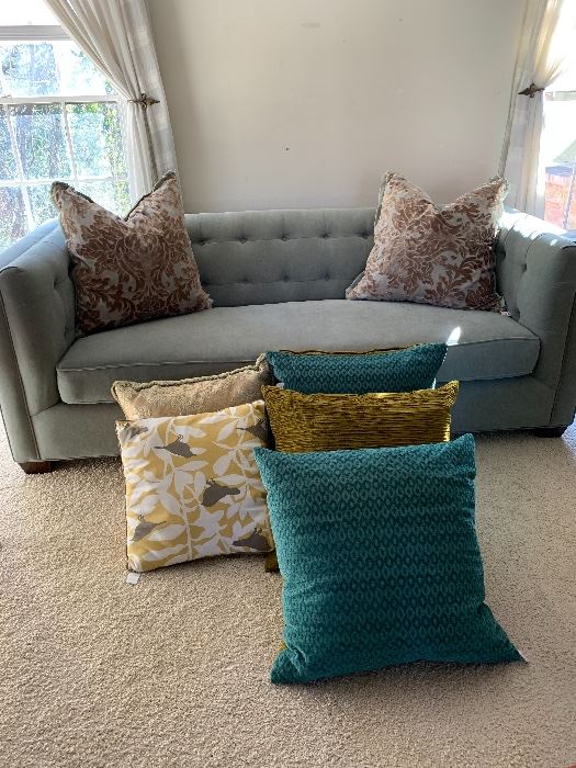 Seafoam Tufted Custom Sofa. Decorative Throw Pillows. 