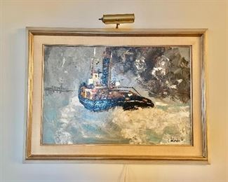 $1,750 - Framed oil on canvas. "Brest Harbor, France" Signed C. Lacoudre '66; impressionistic study of tugboat at sea, (includes light); 33.5" H x 45.5" W