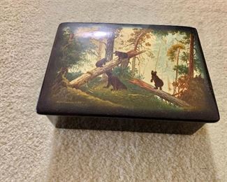 $80 - Palekh box with bears, hand painted in USSR and dated 1973; 6" W x 4.5" D x 2" H