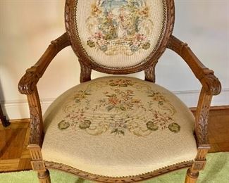 $295 - Louis XVI style needlepoint arm chair; 38.5" H x 24" W x 24" D, seat height approx 18"