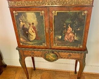$2,500 - Louis XV style collector's cabinet with marble top and brass gallery - 2 hand painted cabinet doors - 48.5" x 31" W x 14.5" D