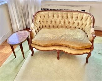 $350 - Louis XV style gold button tufted love seat with feather filled cushion; AS IS - some wear on arms and back. 30" H x 44" W x 27" D, seat height is approx 15"