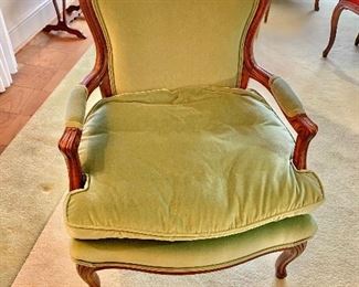 $225 - Vintage Louis XV style velour arm chair with feather filled cushion; 34.5" H x 28" W x 28" D, seat height approx 15"