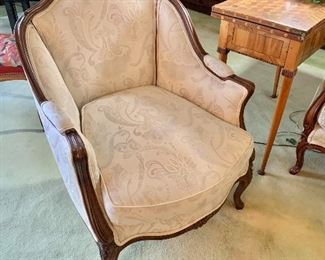 $295 - Louis XV style Bergère chair with ivory custom upholstery and foam cushion; 36" H x 28" W x 30" D, seat height approx 17"