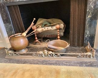 $125 - Fireplace fender: 54" wide x 14" deep; $95 - copper coal scuttle: 14" H x 11" W;$95 - copper basin with handles: 14" diameter; $150 - andirons: 11" H