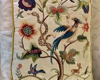 $125 - Embroidered pillow #1 with bird and snake; 17.5" x 24"