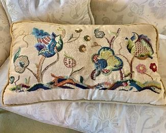 $125 - Embroidered pillow #2 with flowers with down filling; 14" x 25" - minor fading