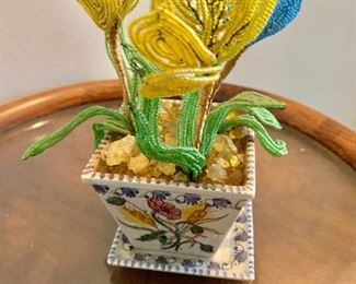 $50 - Portuguese faience flower arrangement in small hand painted planter with beaded flowers; 7" H x 3.5" W x 3.5" D