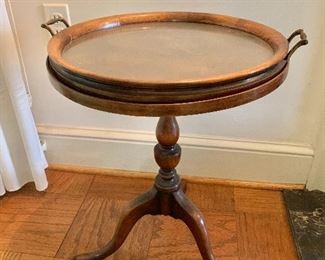 $150 - Vintage tri-pod pedestal side table with glass tray top; 22" H x 16.5" W - Made in England