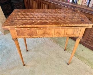 $995 - Continental inlay, fruitwood drop leaf game table; 31" H x 32.5" W x 16" D when closed