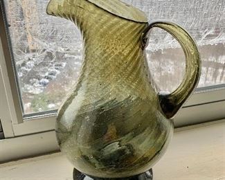 $75 - Vintage, hand blown glass pitcher; 11" H x 7.5" W from spout to handle