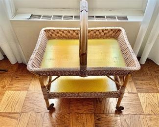 $150 - Vintage, wicker rolling basket cart; 34" H x 27.5" W x 19" D