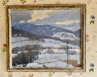 $1,200 - Framed oil on canvas of mountain landscape in winter; signed MS Jameson (Minor Story Jameson), 34" W x 29"H